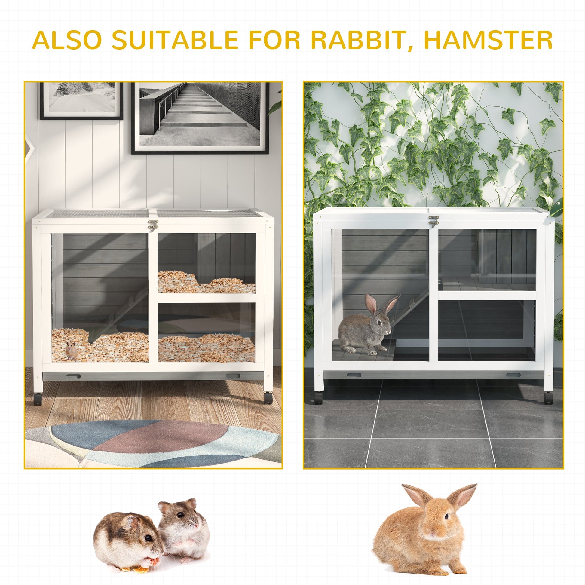 KFX-2390973 Compact 2-Story Rolling Rabbit Hutch with Plexiglass Window and Safe Materials