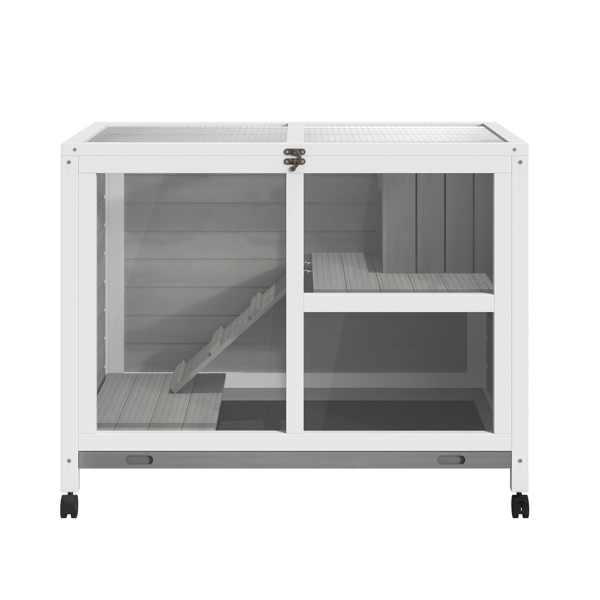 KFX-2390973 Compact 2-Story Rolling Rabbit Hutch with Plexiglass Window and Safe Materials