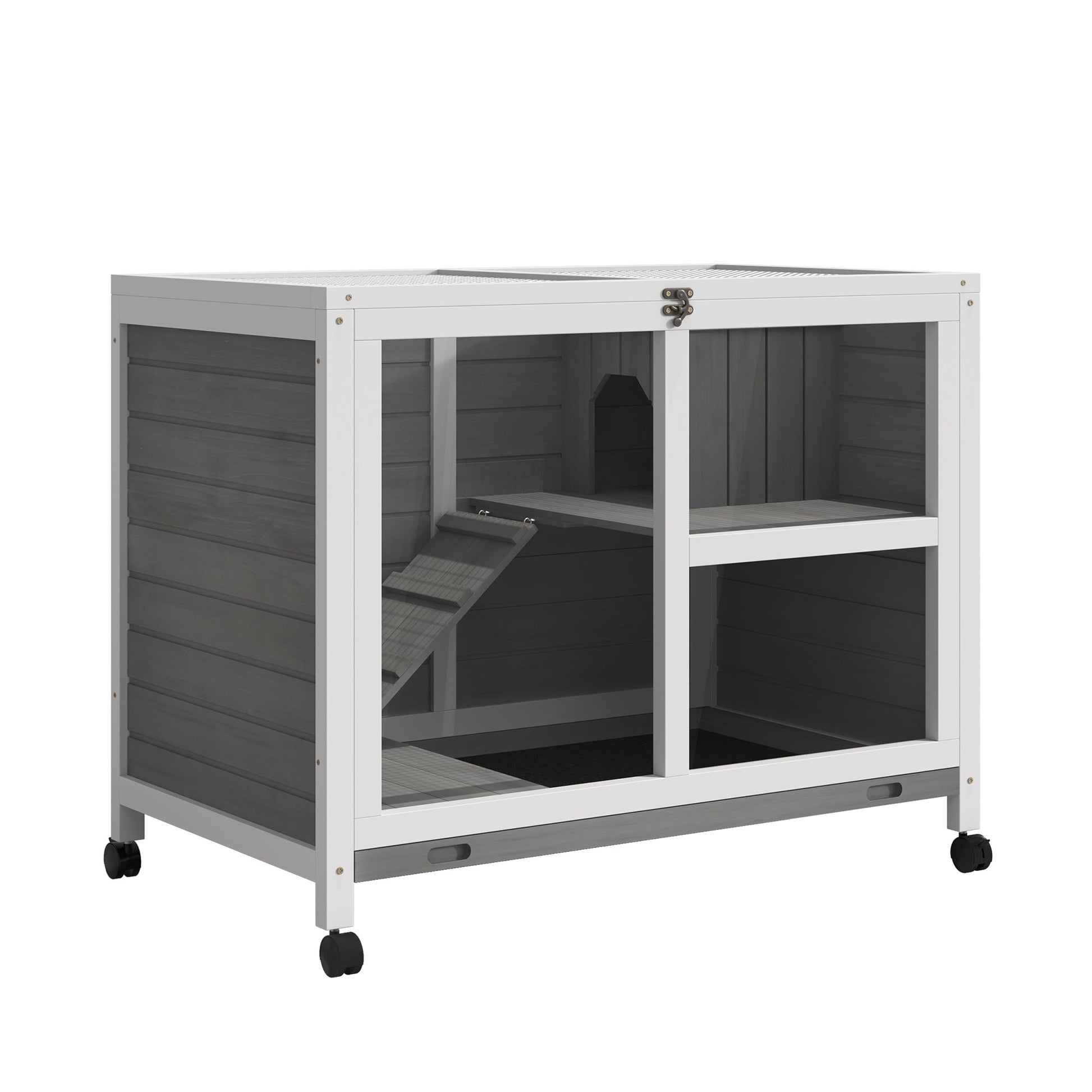 KFX-2390973 Compact 2-Story Rolling Rabbit Hutch with Plexiglass Window and Safe Materials