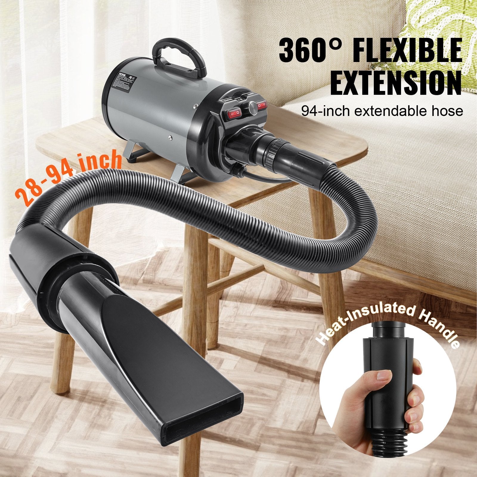 KFX-2394941 2800W Pet Grooming Dryer with Adjustable Speed, Temperature Control, Nozzles, and Extendable Hose