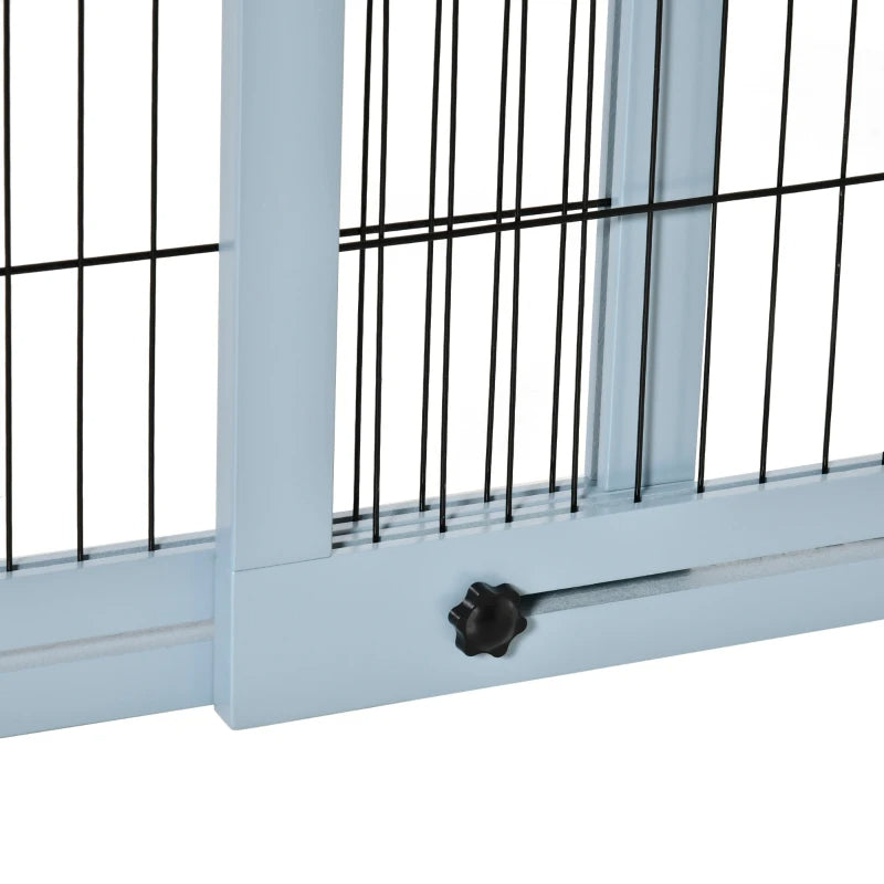 KFX-2398525 Extra Wide Freestanding Pet Gate with Adjustable Length for Dog, Blue-Gray Pine Wood and Steel Design, 41"-70.9" Long