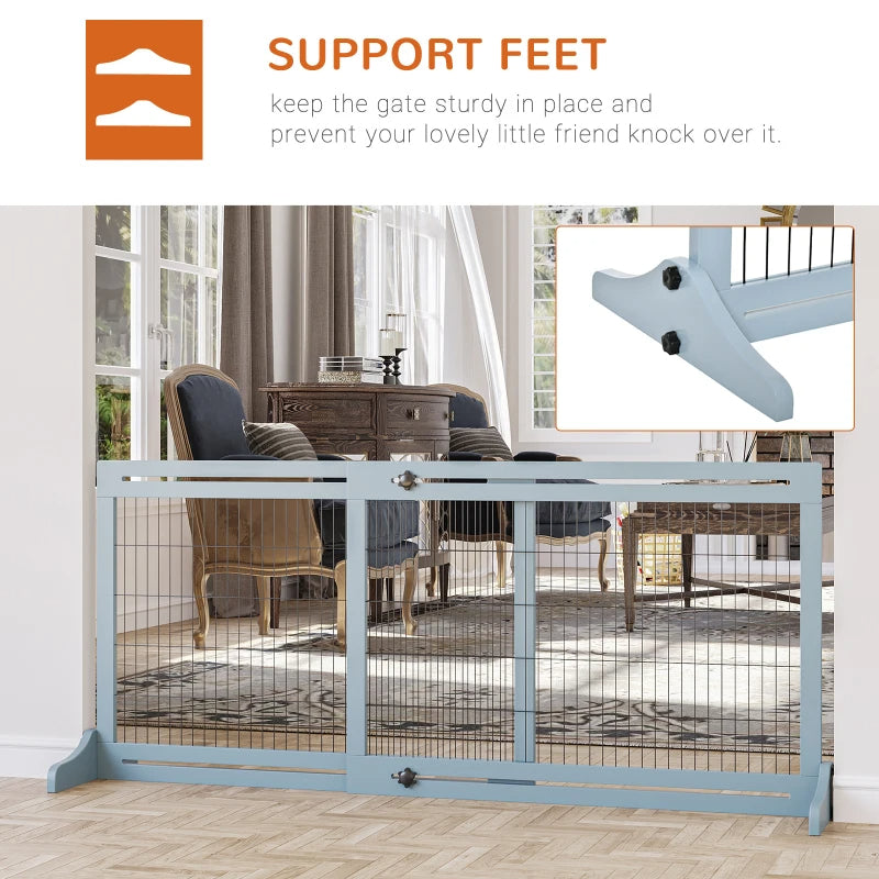 KFX-2398525 Extra Wide Freestanding Pet Gate with Adjustable Length for Dog, Blue-Gray Pine Wood and Steel Design, 41"-70.9" Long