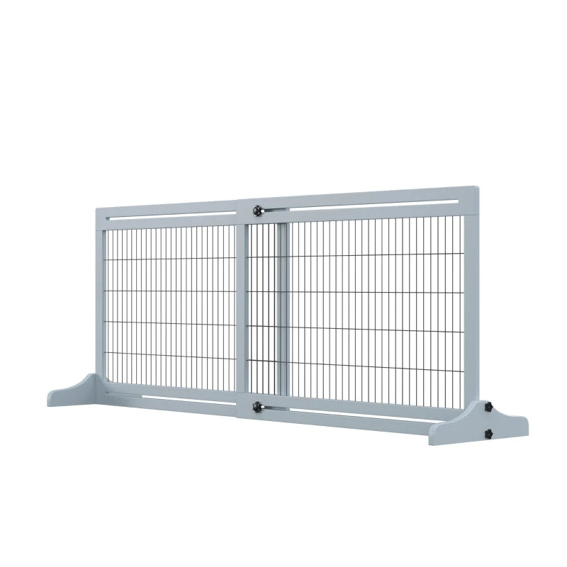 KFX-2398525 Extra Wide Freestanding Pet Gate with Adjustable Length for Dog, Blue-Gray Pine Wood and Steel Design, 41"-70.9" Long