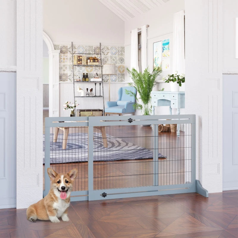 KFX-2398525 Extra Wide Freestanding Pet Gate with Adjustable Length for Dog, Blue-Gray Pine Wood and Steel Design, 41"-70.9" Long