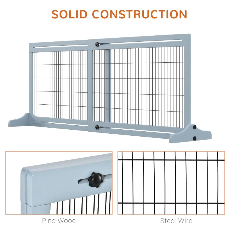 KFX-2398525 Extra Wide Freestanding Pet Gate with Adjustable Length for Dog, Blue-Gray Pine Wood and Steel Design, 41"-70.9" Long