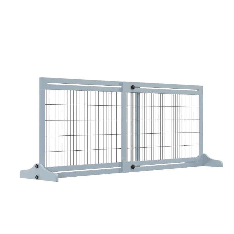KFX-2398525 Extra Wide Freestanding Pet Gate with Adjustable Length for Dog, Blue-Gray Pine Wood and Steel Design, 41"-70.9" Long