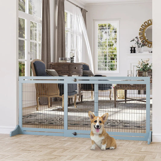 KFX-2398525 Extra Wide Freestanding Pet Gate with Adjustable Length for Dog, Blue-Gray Pine Wood and Steel Design, 41"-70.9" Long