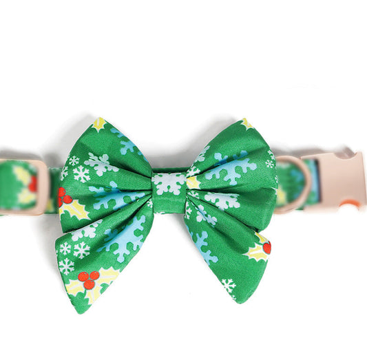 KFX-2400829 Pure Cotton Dog Necklace with Removable Bow Tie - Christmas Flower Design, Adjustable Size