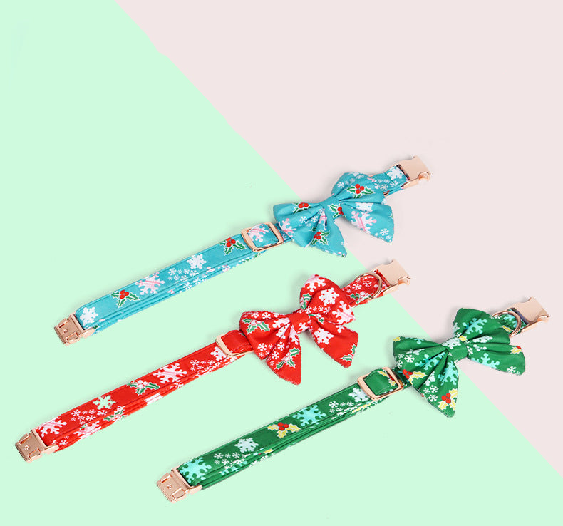 KFX-2400829 Pure Cotton Dog Necklace with Removable Bow Tie - Christmas Flower Design, Adjustable Size