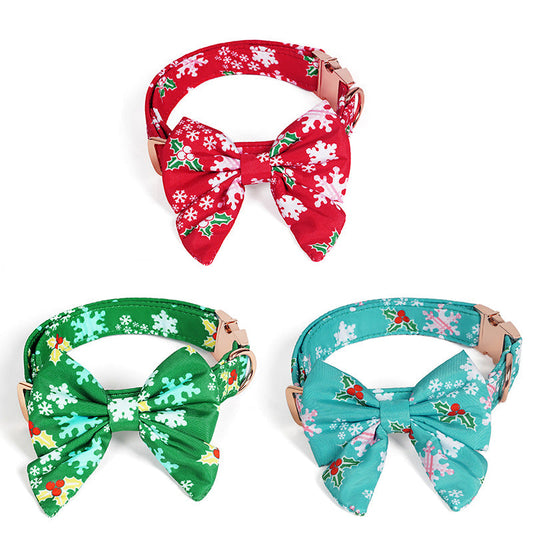 KFX-2400829 Pure Cotton Dog Necklace with Removable Bow Tie - Christmas Flower Design, Adjustable Size