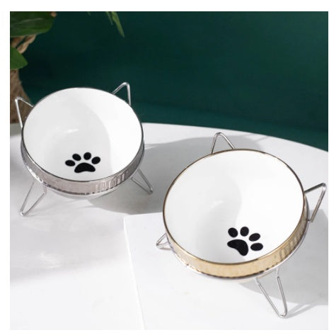 KFX-2403005 Compact Ceramic Anti-Tip Dog Bowl with Stainless Steel Base – 500ml Capacity, Multiple Patterns Available