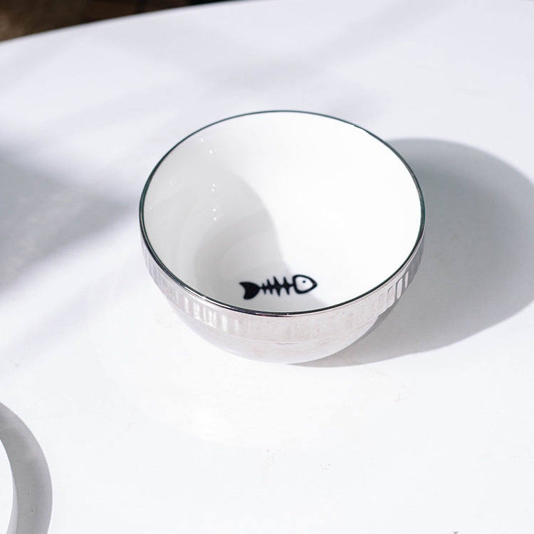 KFX-2403005 Compact Ceramic Anti-Tip Dog Bowl with Stainless Steel Base – 500ml Capacity, Multiple Patterns Available