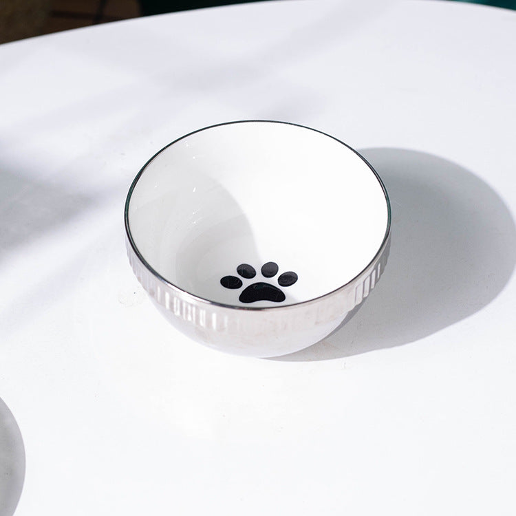 KFX-2403005 Compact Ceramic Anti-Tip Dog Bowl with Stainless Steel Base – 500ml Capacity, Multiple Patterns Available