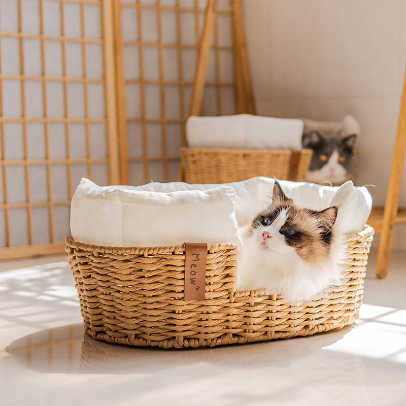 KFX-2407229 Hand-Woven Rattan Pet Nest with Cooling Fabric and Flannel Options - Small to Large Sizes Available