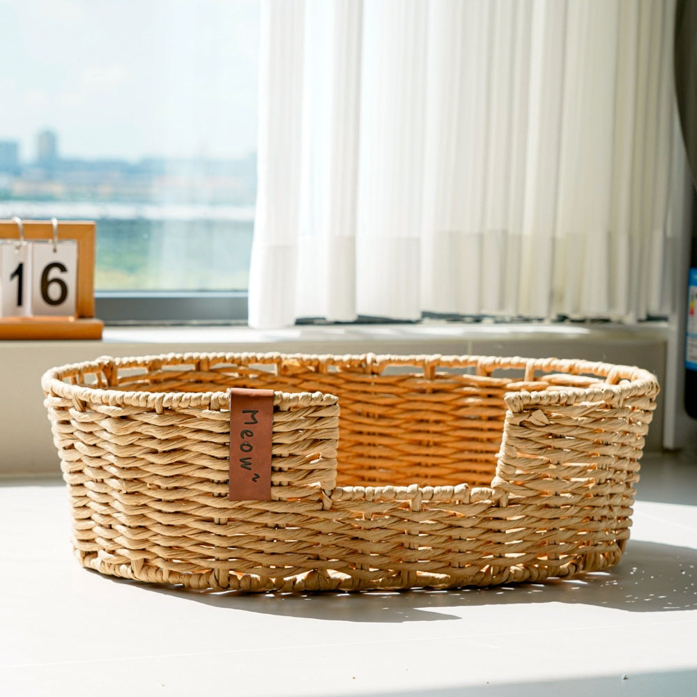 KFX-2407229 Hand-Woven Rattan Pet Nest with Cooling Fabric and Flannel Options - Small to Large Sizes Available