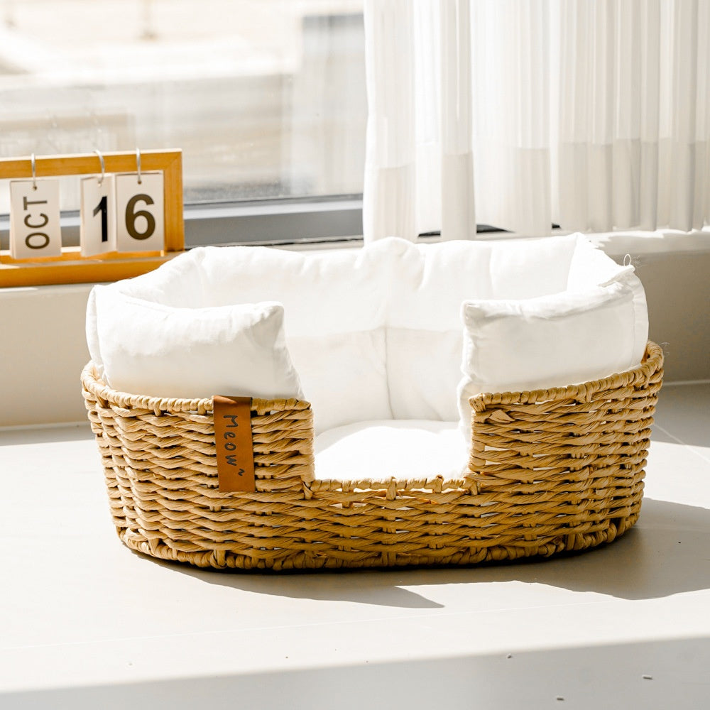KFX-2407229 Hand-Woven Rattan Pet Nest with Cooling Fabric and Flannel Options - Small to Large Sizes Available