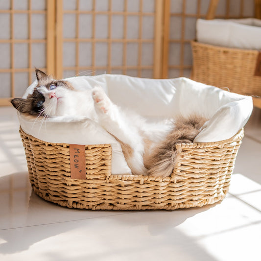 KFX-2407229 Hand-Woven Rattan Pet Nest with Cooling Fabric and Flannel Options - Small to Large Sizes Available