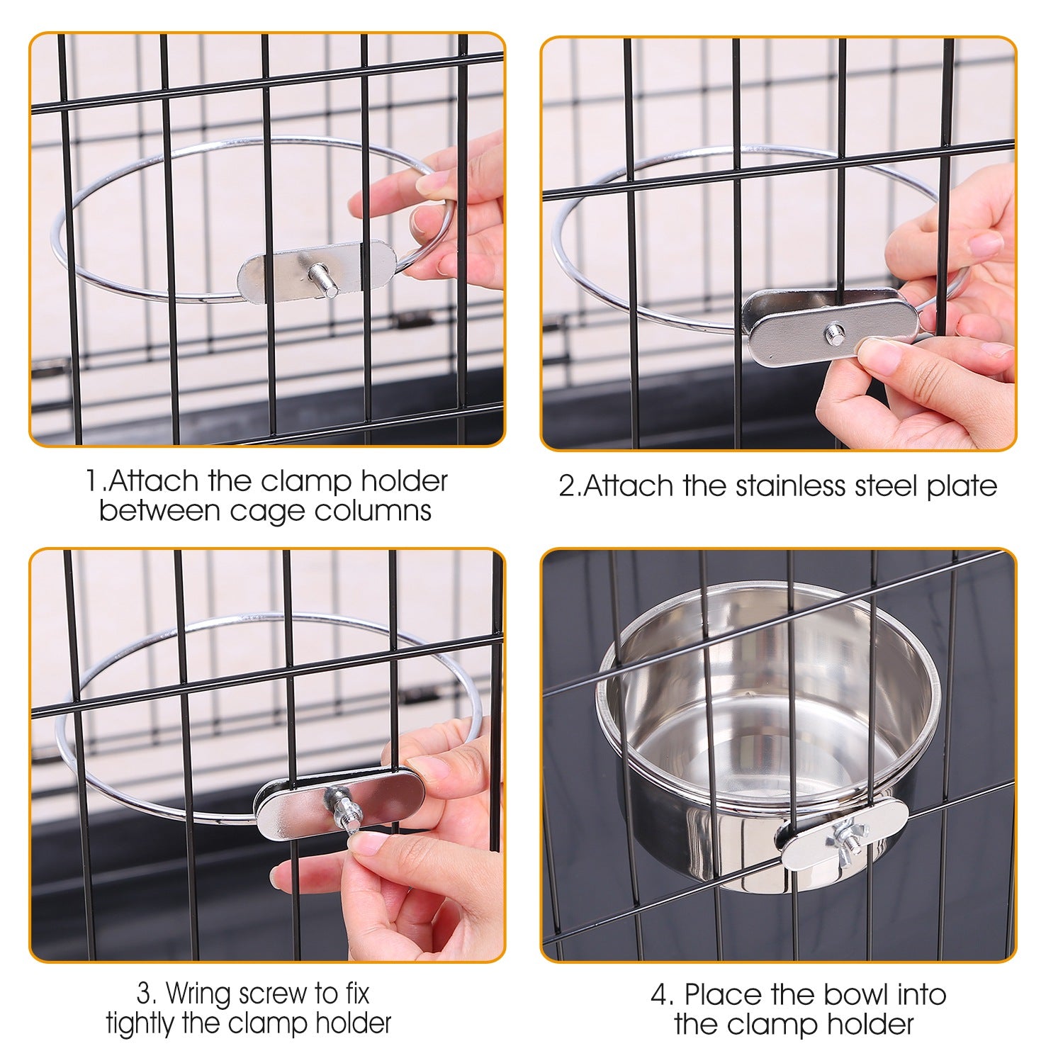 KFX-2408765 Stainless Steel Hanging Dog Bowl with Clamp Holder for Pet Cages - Detachable, Medium Size