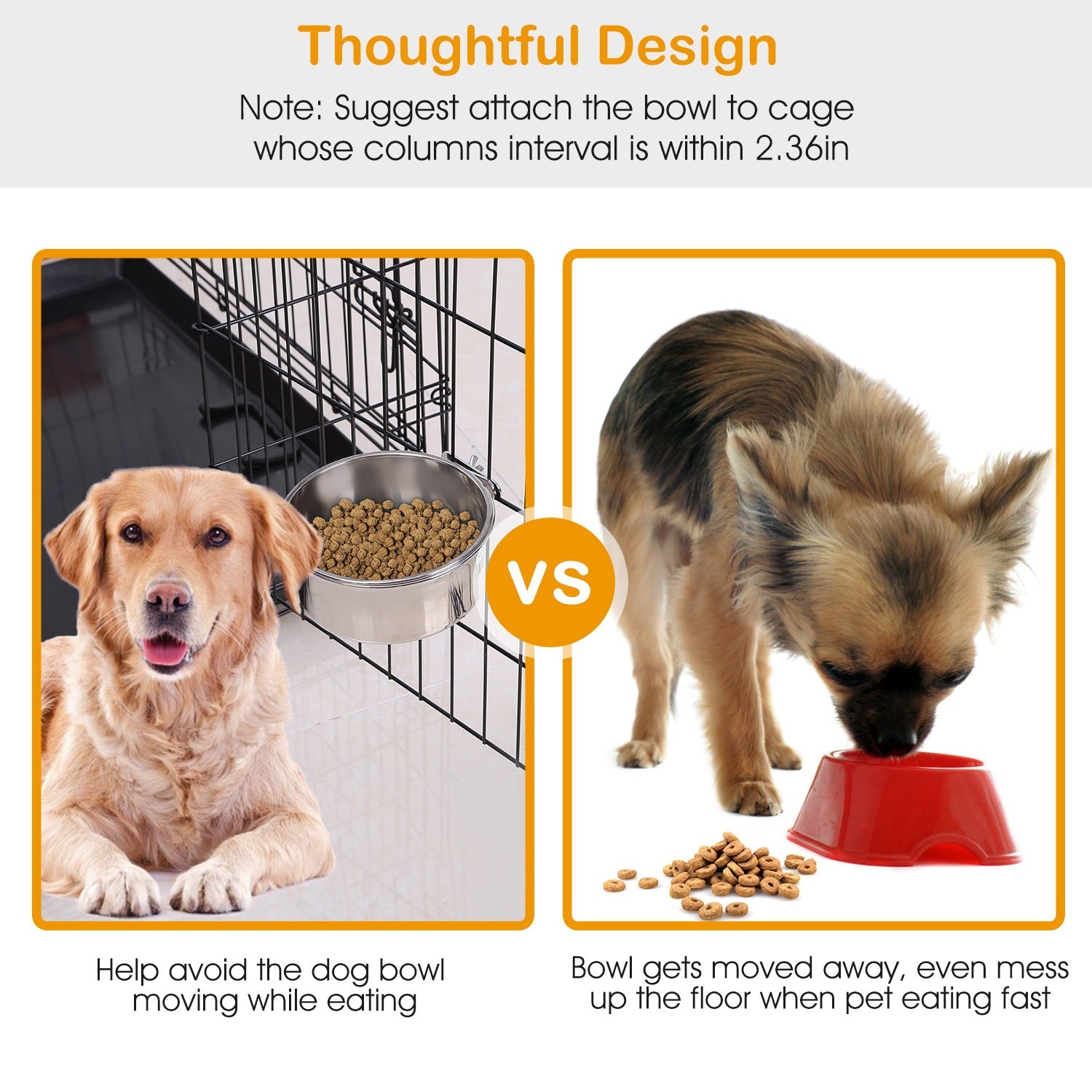 KFX-2408765 Stainless Steel Hanging Dog Bowl with Clamp Holder for Pet Cages - Detachable, Medium Size