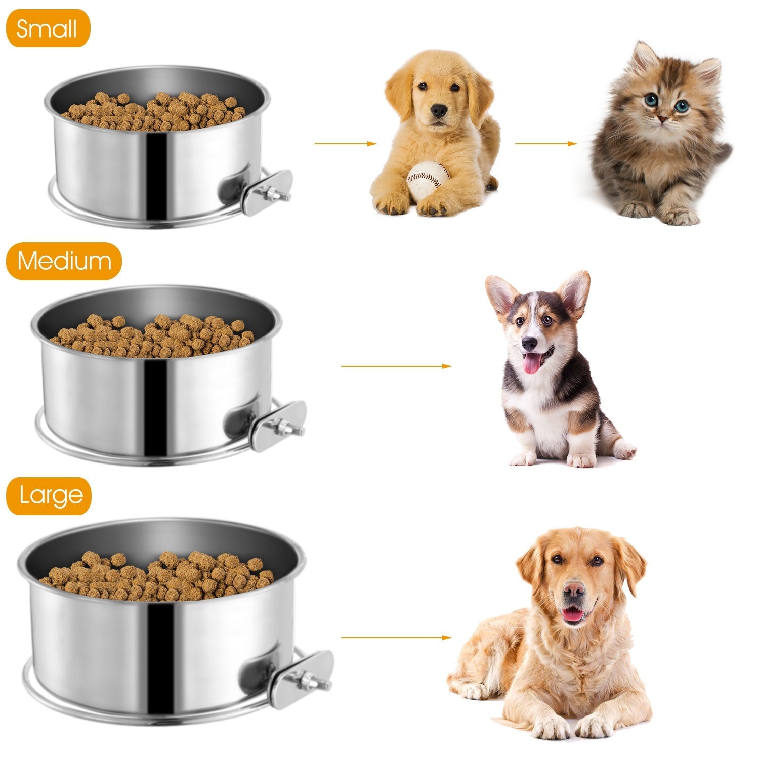 KFX-2408765 Stainless Steel Hanging Dog Bowl with Clamp Holder for Pet Cages - Detachable, Medium Size
