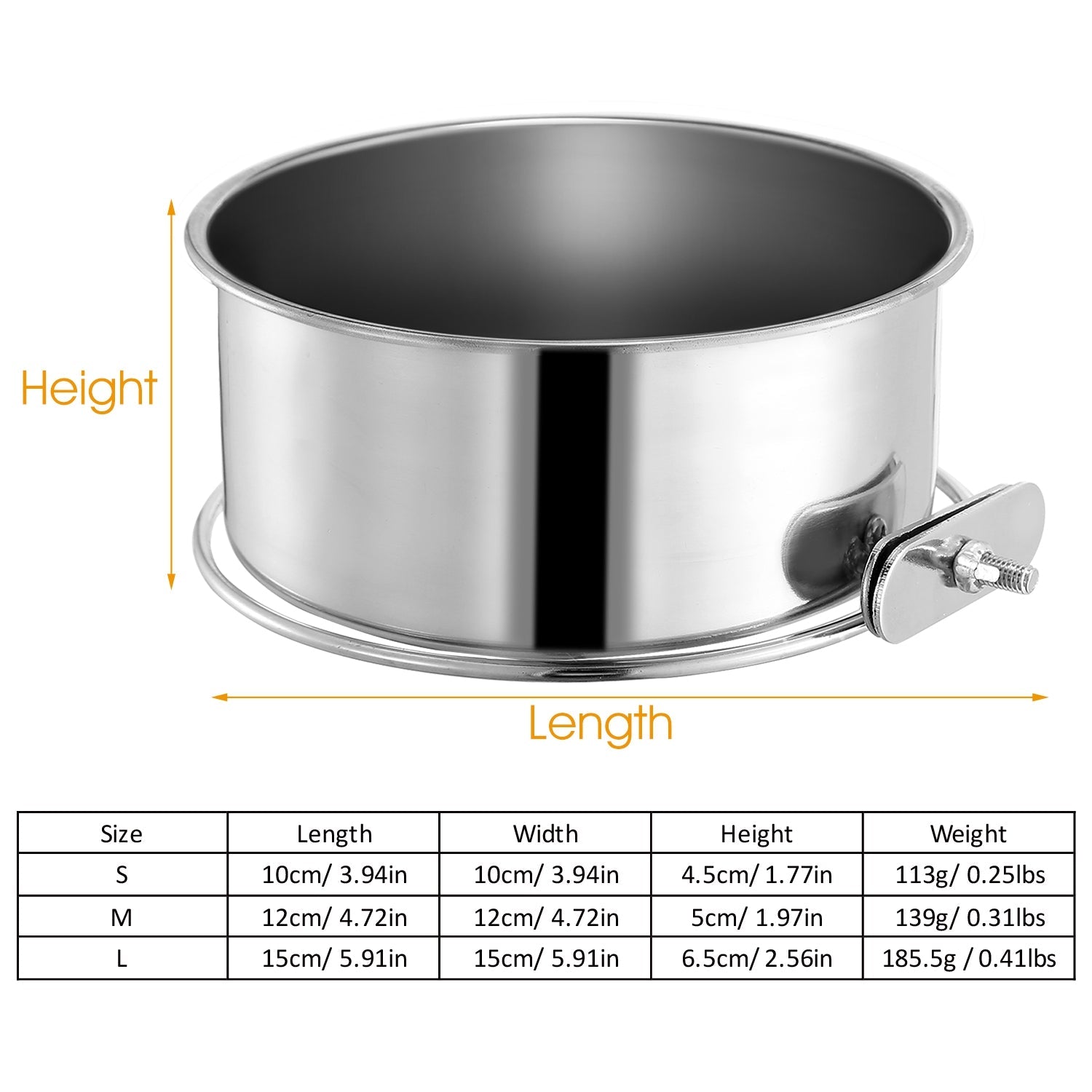 KFX-2408765 Stainless Steel Hanging Dog Bowl with Clamp Holder for Pet Cages - Detachable, Medium Size