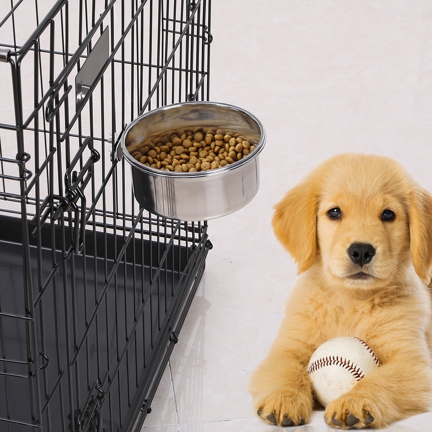 KFX-2408765 Stainless Steel Hanging Dog Bowl with Clamp Holder for Pet Cages - Detachable, Medium Size