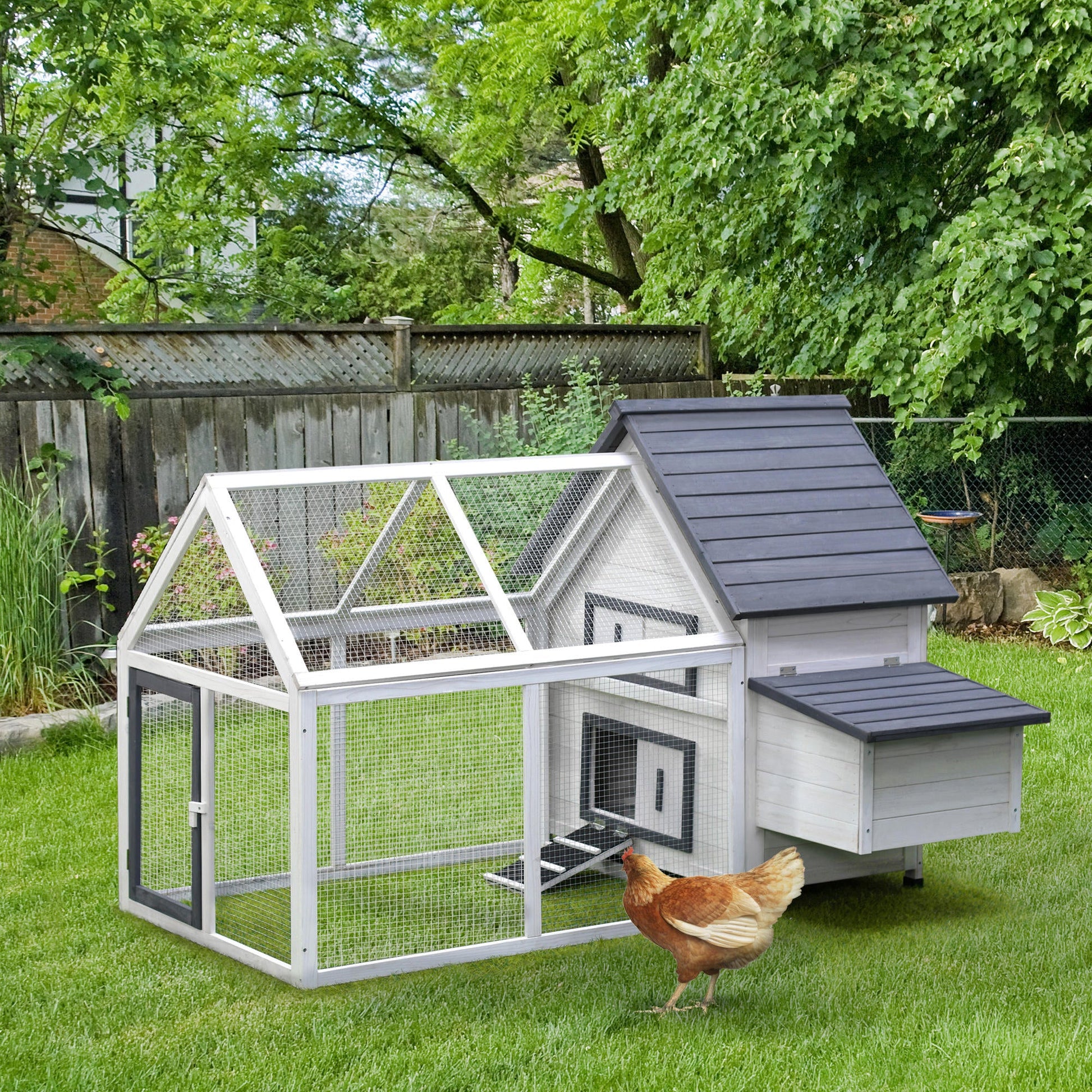 KFX-2412221 Deluxe 65" Wooden Chicken Coop with Nesting Box, Ramp, and Run for Poultry and Rabbits