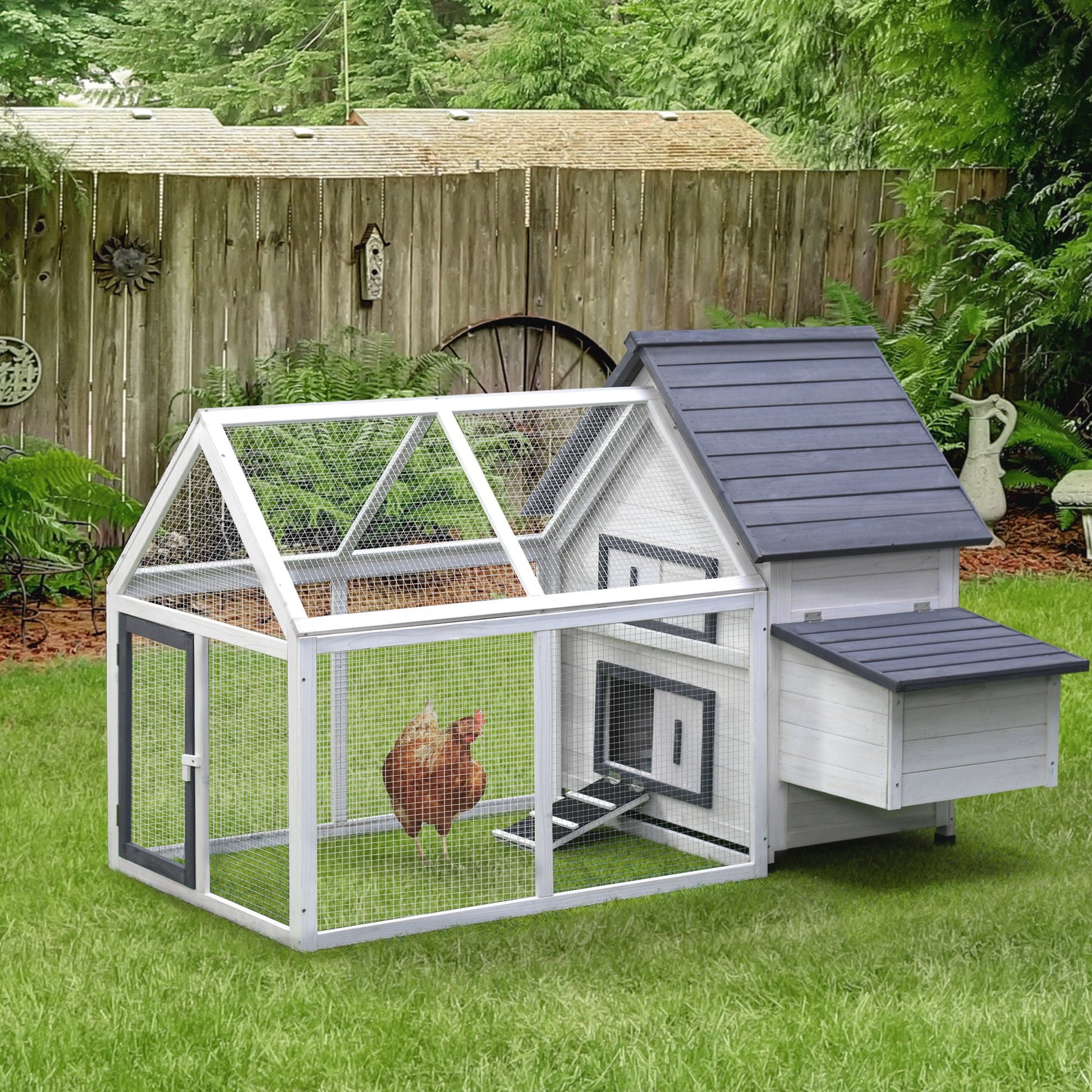 KFX-2412221 Deluxe 65" Wooden Chicken Coop with Nesting Box, Ramp, and Run for Poultry and Rabbits