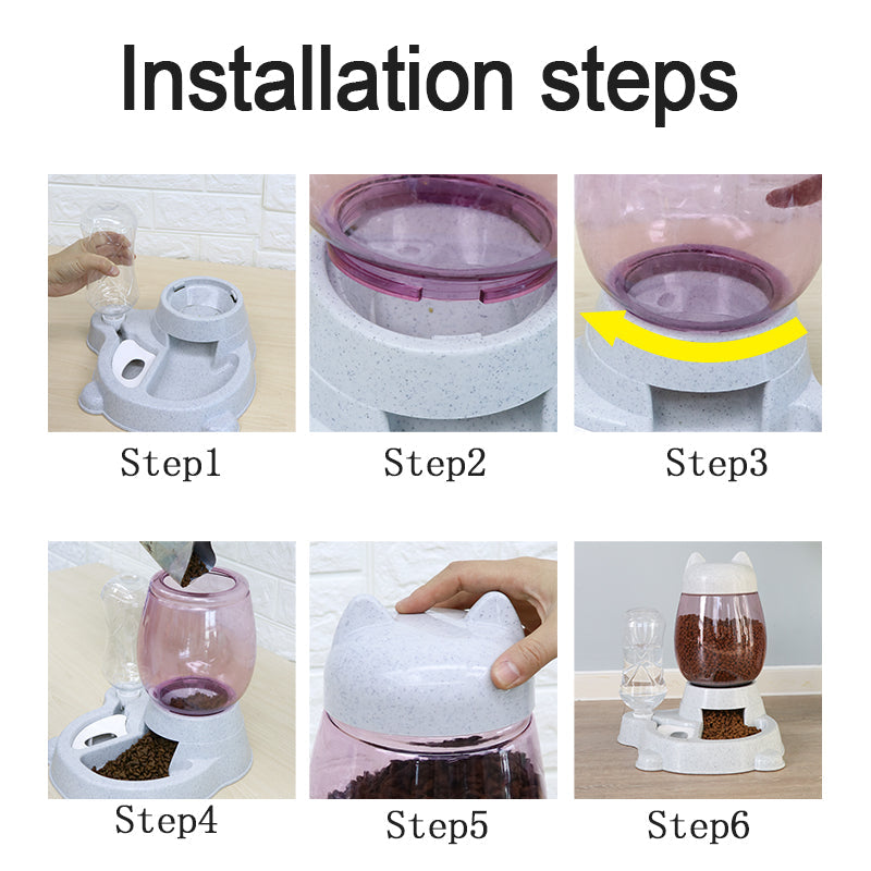 KFX-2414525 Automatic Pet Feeder and Drinking Fountain with 528ml Water Bottle and 2.21L Bucket - Gray, Pink, and Blue Options