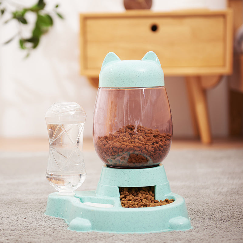 KFX-2414525 Automatic Pet Feeder and Drinking Fountain with 528ml Water Bottle and 2.21L Bucket - Gray, Pink, and Blue Options