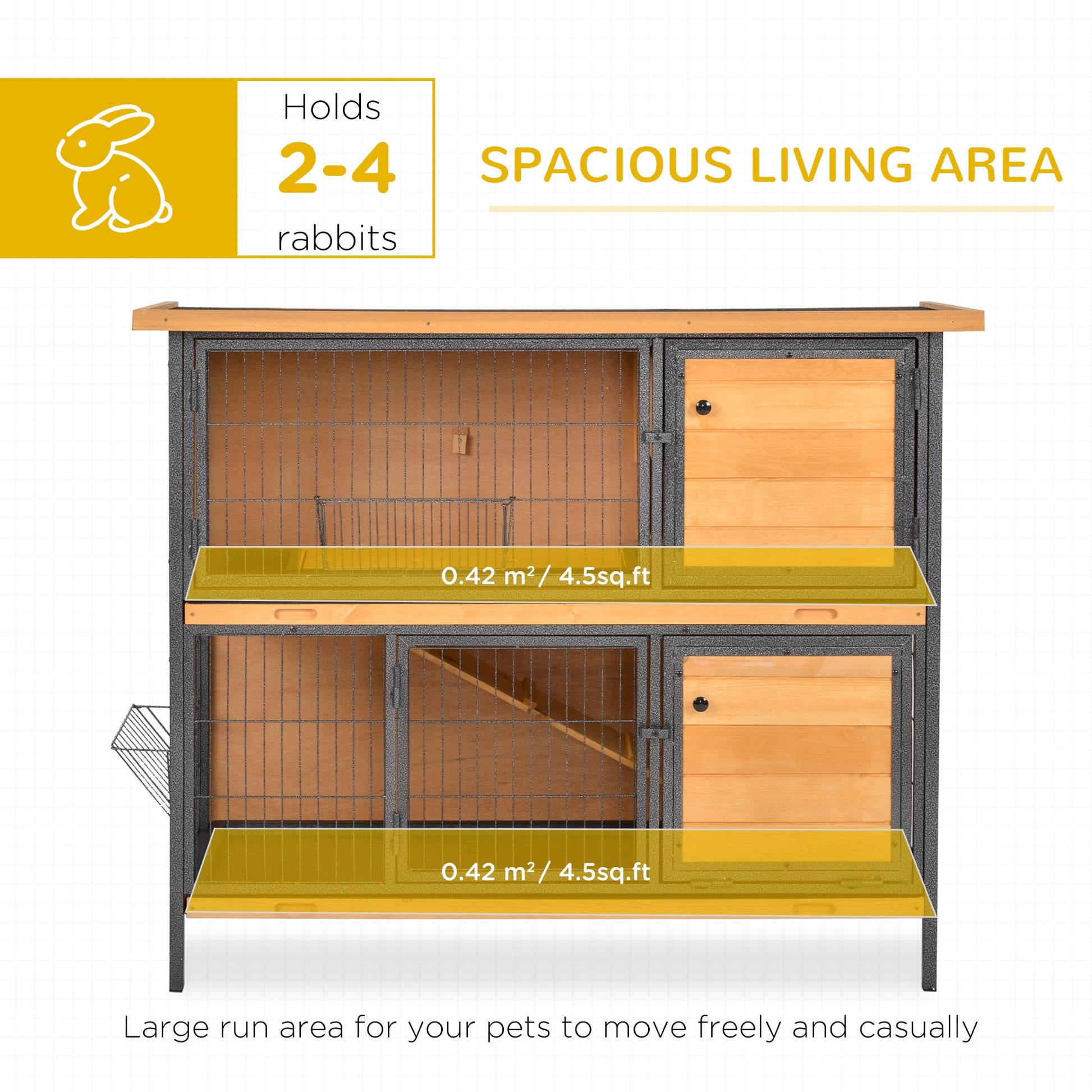 KFX-2417981 2-Story Outdoor Rabbit Hutch with Ramp, Removable Tray, and Metal Feeding Troughs in Natural Wood Finish