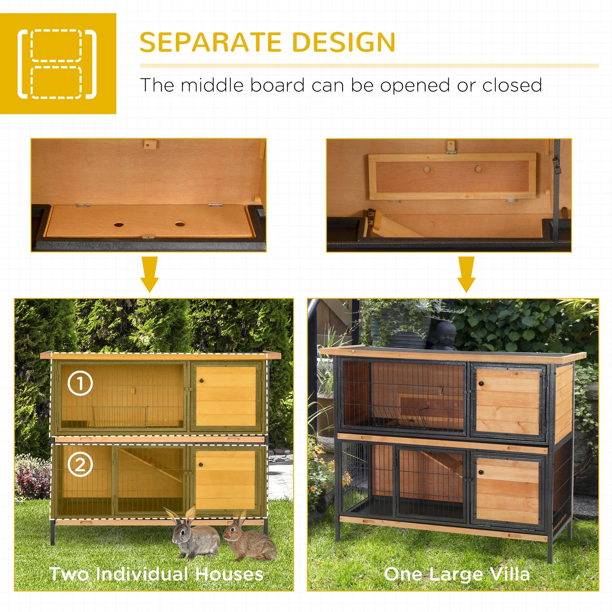 KFX-2417981 2-Story Outdoor Rabbit Hutch with Ramp, Removable Tray, and Metal Feeding Troughs in Natural Wood Finish