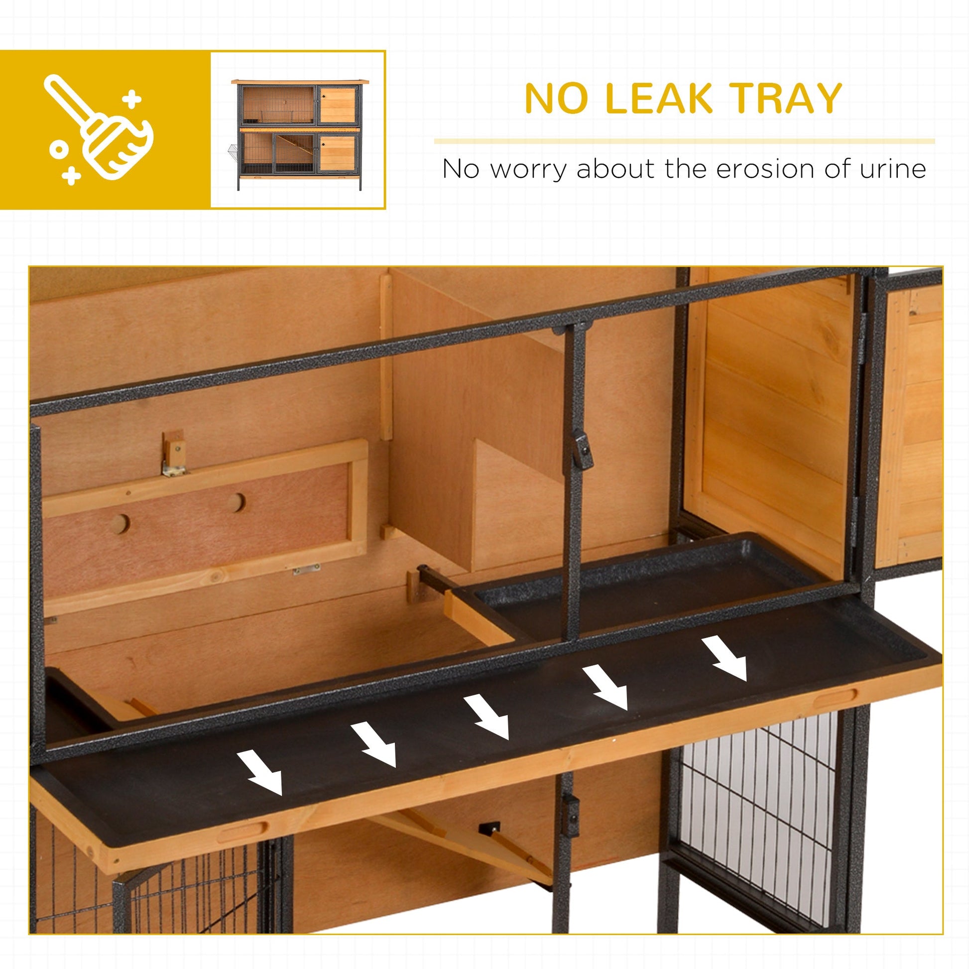 KFX-2417981 2-Story Outdoor Rabbit Hutch with Ramp, Removable Tray, and Metal Feeding Troughs in Natural Wood Finish