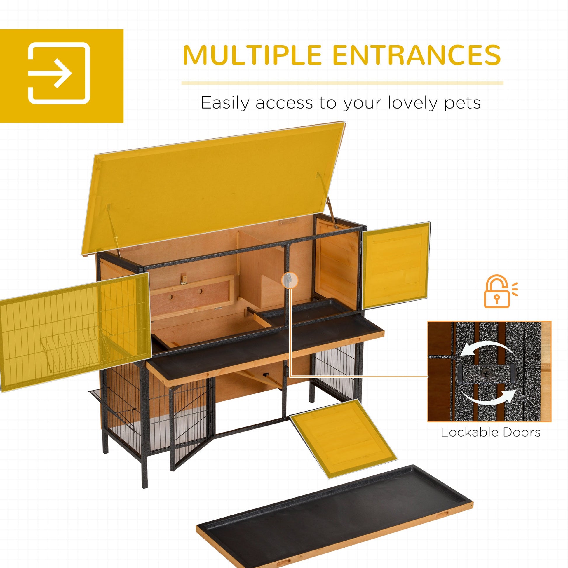 KFX-2417981 2-Story Outdoor Rabbit Hutch with Ramp, Removable Tray, and Metal Feeding Troughs in Natural Wood Finish