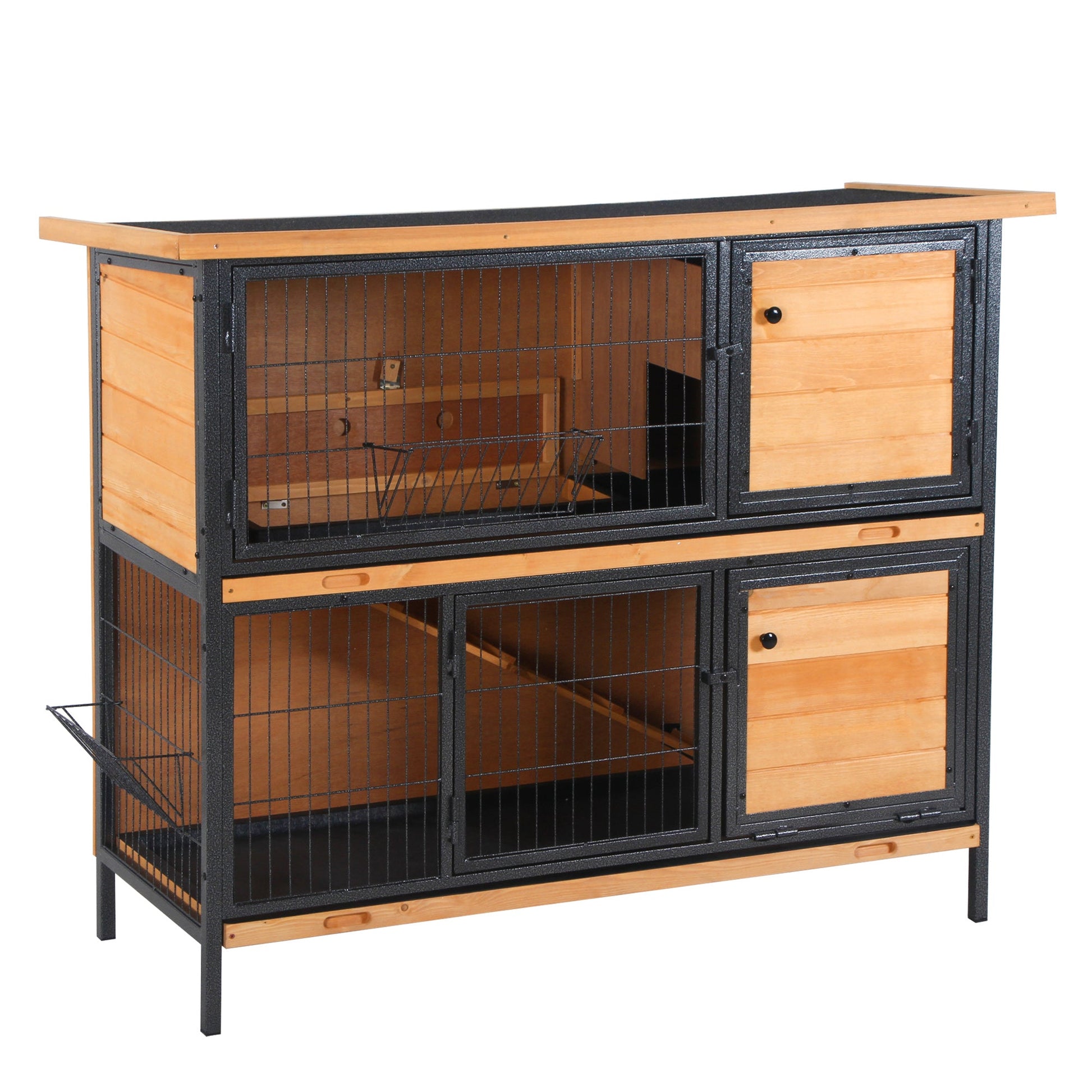 KFX-2417981 2-Story Outdoor Rabbit Hutch with Ramp, Removable Tray, and Metal Feeding Troughs in Natural Wood Finish