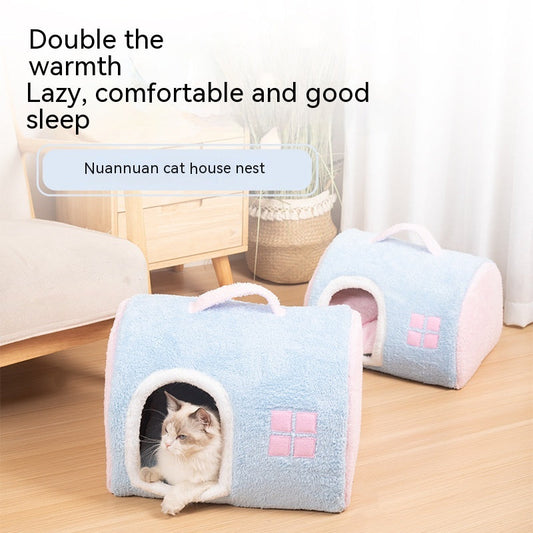 KFX-2418365 Cozy Flannel Cat Nest with Portable Handles - Available in Pink and Blue