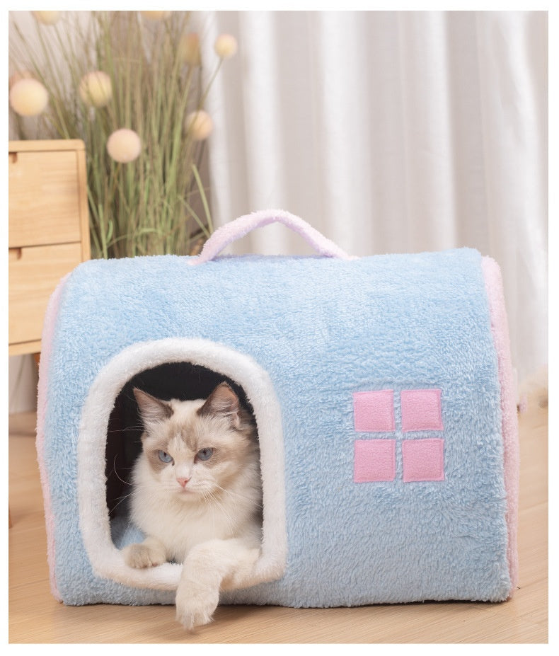 KFX-2418365 Cozy Flannel Cat Nest with Portable Handles - Available in Pink and Blue