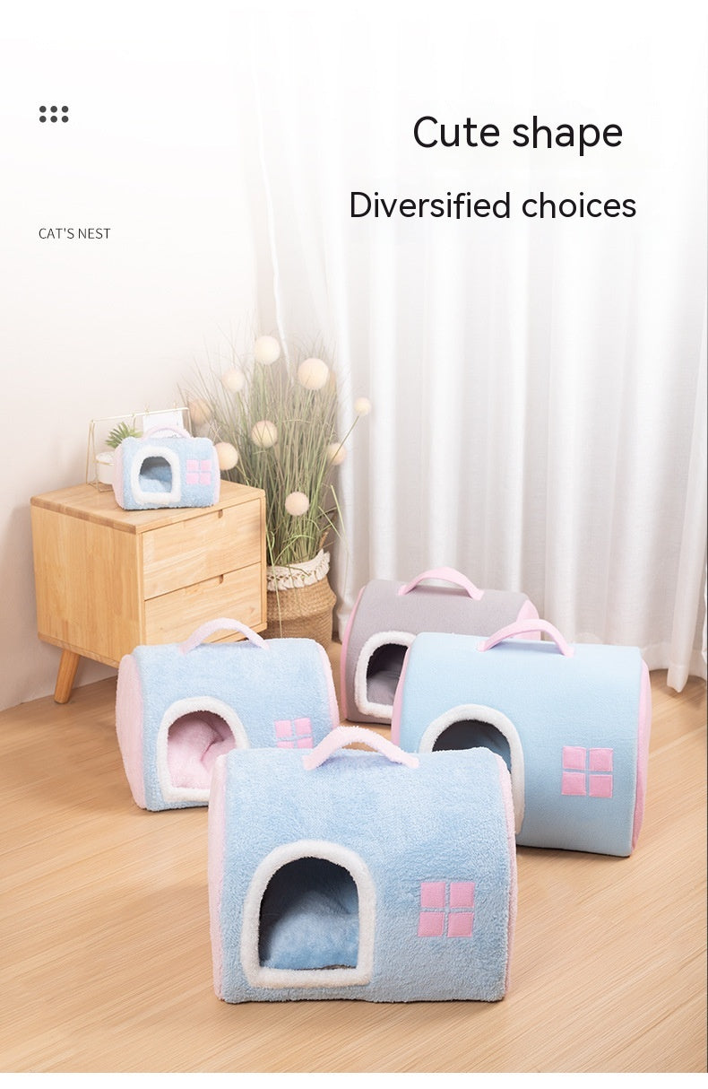 KFX-2418365 Cozy Flannel Cat Nest with Portable Handles - Available in Pink and Blue