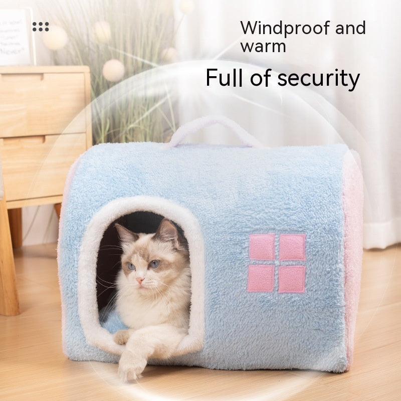 KFX-2418365 Cozy Flannel Cat Nest with Portable Handles - Available in Pink and Blue
