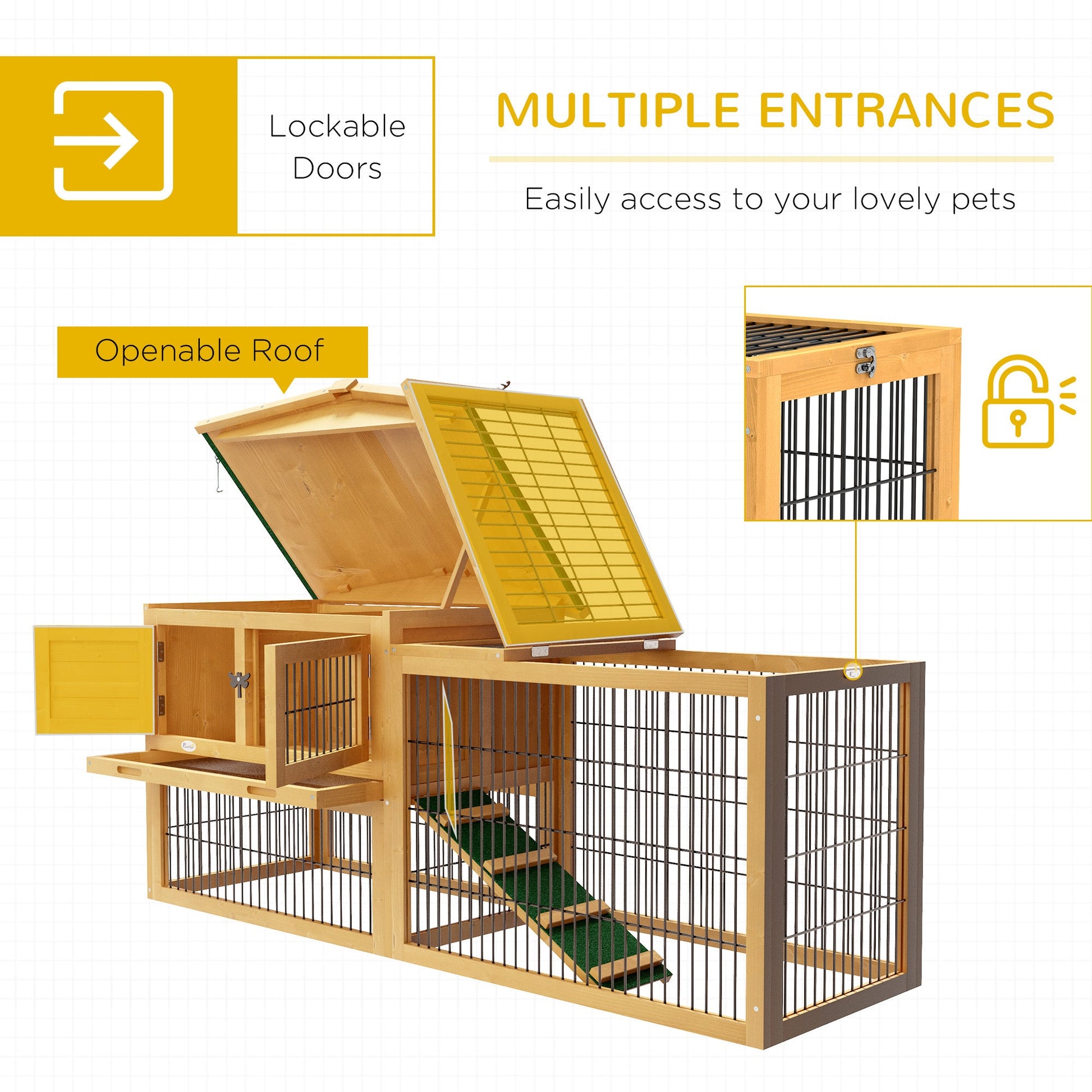KFX-2423741 59" Two-Level Outdoor Rabbit Hutch with Openable Top in Yellow