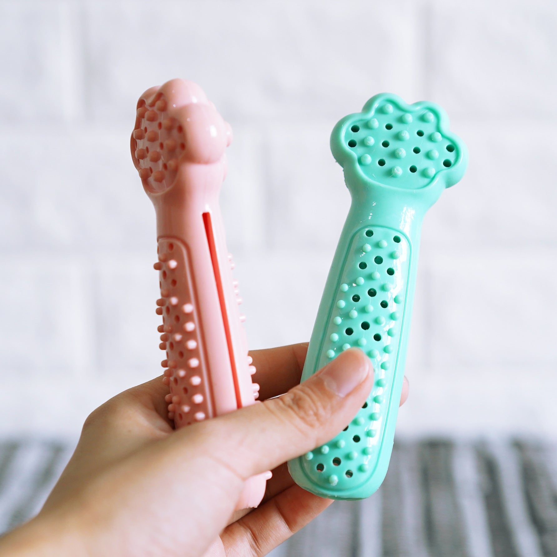 KFX-2431421 Bite Toy Dog Toothbrush for Teeth Cleaning - TPR Material, Cherry Blossom Pink & Mint Green