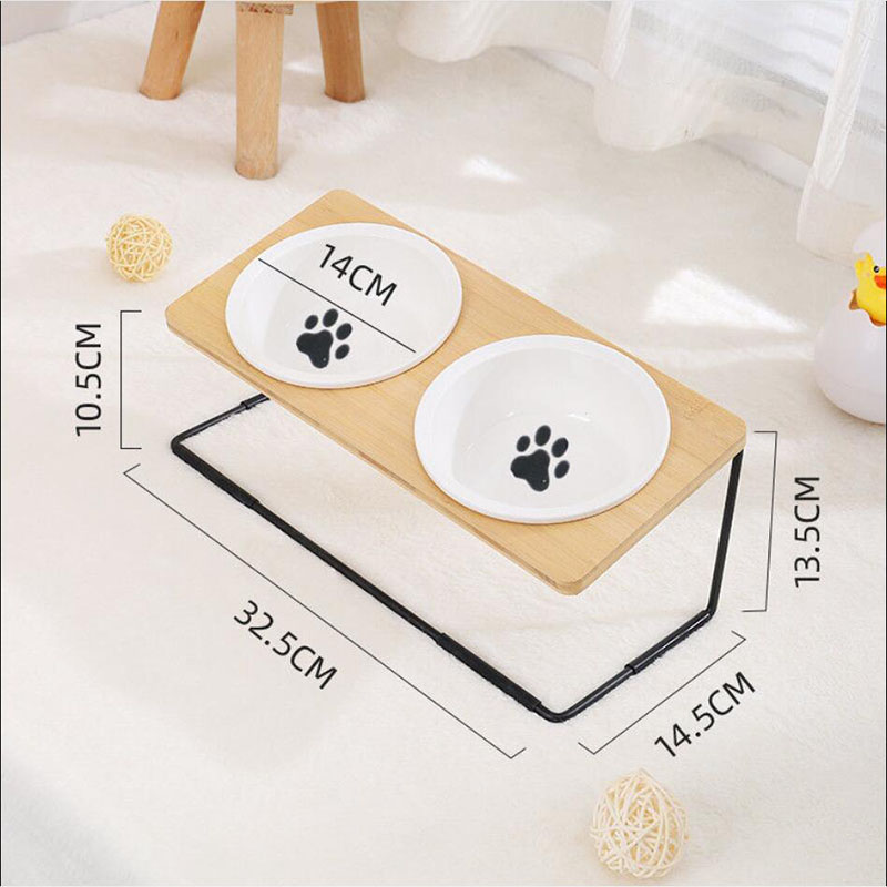 KFX-2431805 Ceramic Cat Bowl with Bamboo & Iron Rack for Chin and Neck Protection - 350ml Capacity