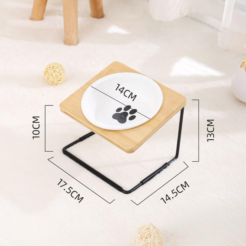 KFX-2431805 Ceramic Cat Bowl with Bamboo & Iron Rack for Chin and Neck Protection - 350ml Capacity