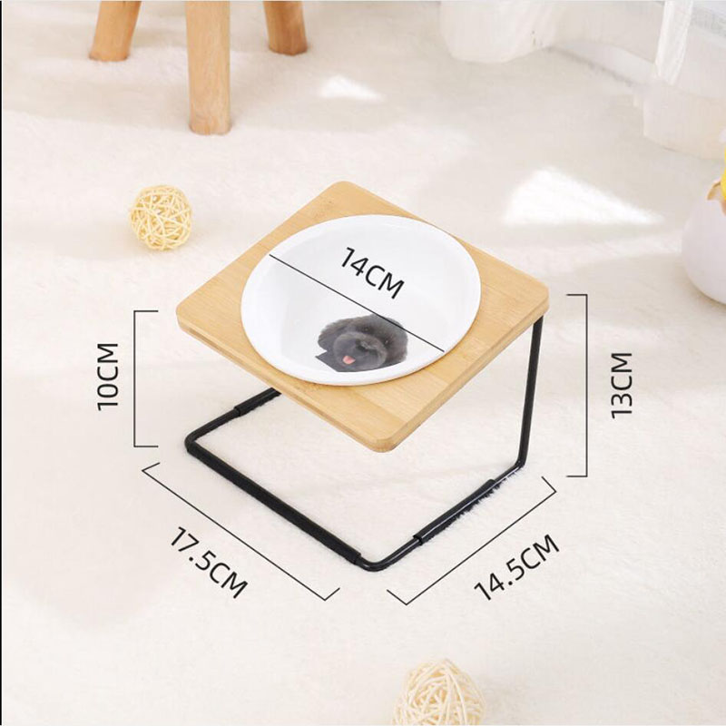 KFX-2431805 Ceramic Cat Bowl with Bamboo & Iron Rack for Chin and Neck Protection - 350ml Capacity