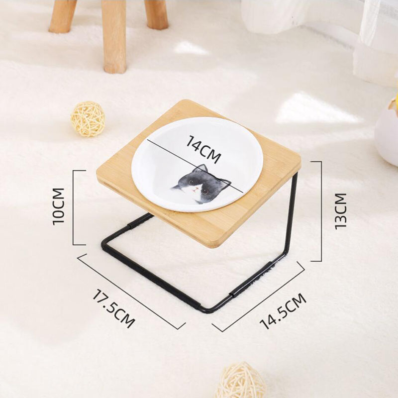 KFX-2431805 Ceramic Cat Bowl with Bamboo & Iron Rack for Chin and Neck Protection - 350ml Capacity
