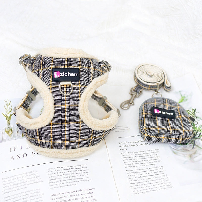 KFX-2440637 Plaid Dog Leash Vest with Fleece Lining and Snack Bag, Multiple Colors Available