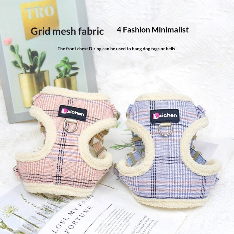 KFX-2440637 Plaid Dog Leash Vest with Fleece Lining and Snack Bag, Multiple Colors Available
