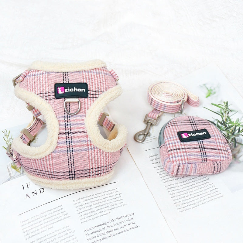KFX-2440637 Plaid Dog Leash Vest with Fleece Lining and Snack Bag, Multiple Colors Available