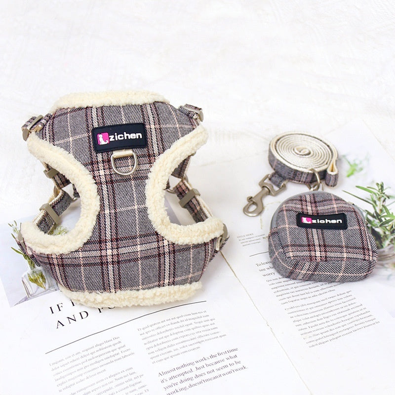 KFX-2440637 Plaid Dog Leash Vest with Fleece Lining and Snack Bag, Multiple Colors Available