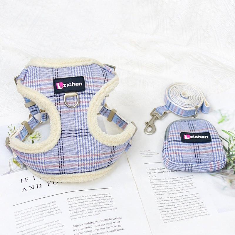KFX-2440637 Plaid Dog Leash Vest with Fleece Lining and Snack Bag, Multiple Colors Available